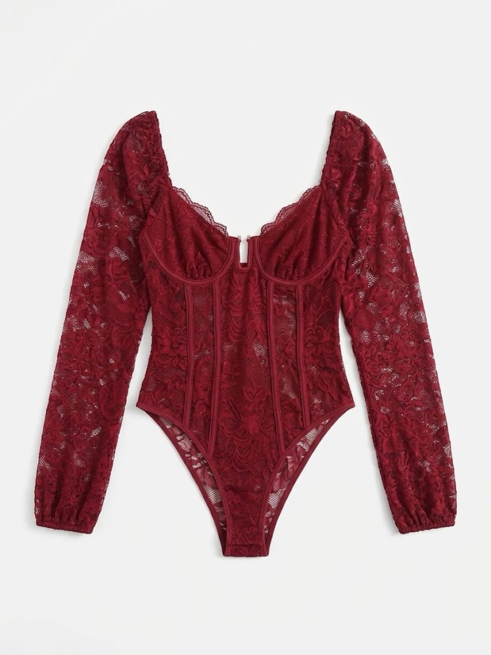 Lace Long-Sleeve Bodysuit in Wine Red